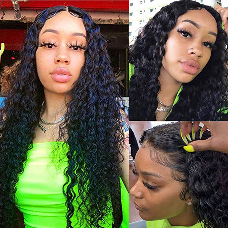Popular Black Long Curly Wig with Middle Parting