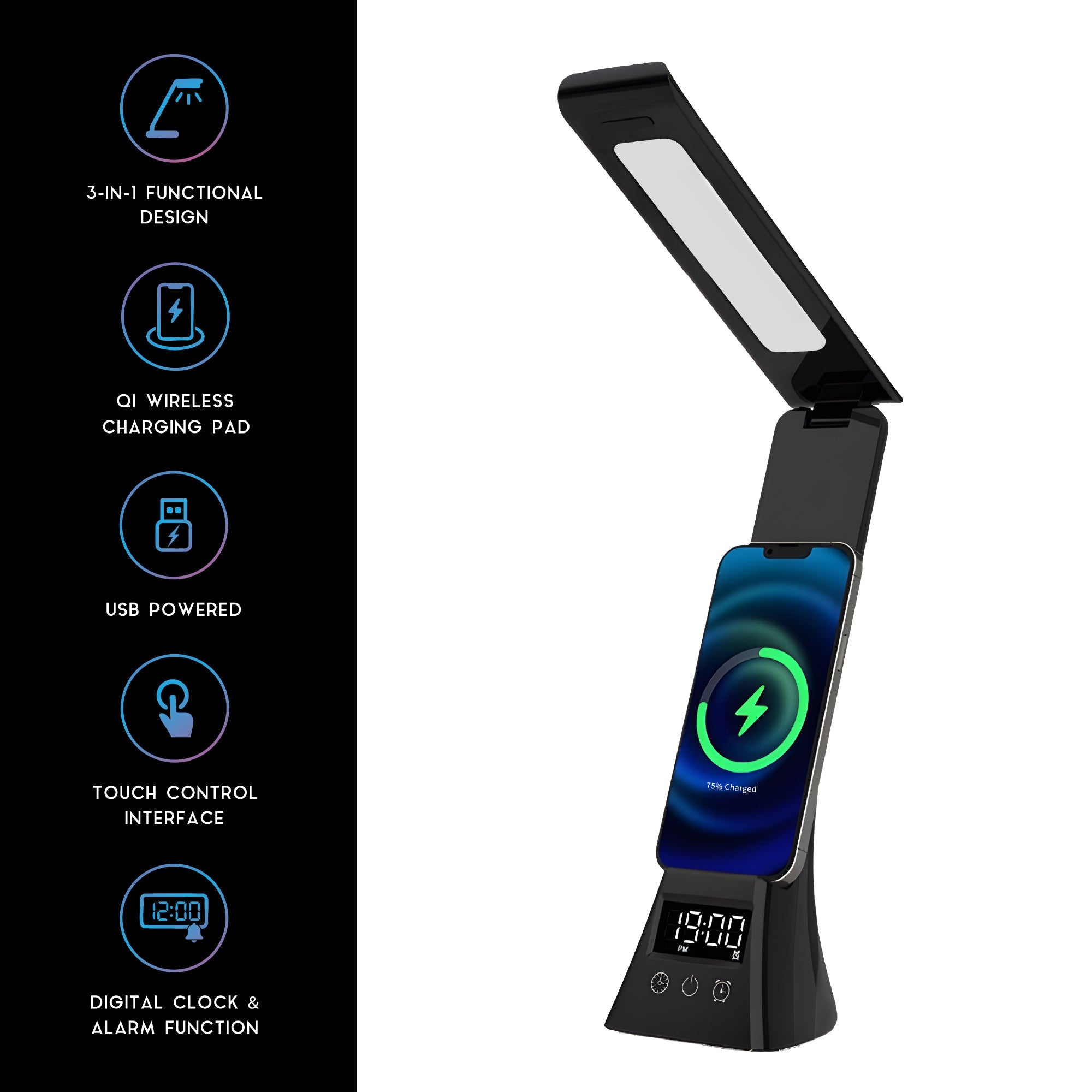 Pursonic 3-in-1 LED Desk Lamp with Wireless Charger and Alarm Clock – Sleek, Smart, and Space-Saving