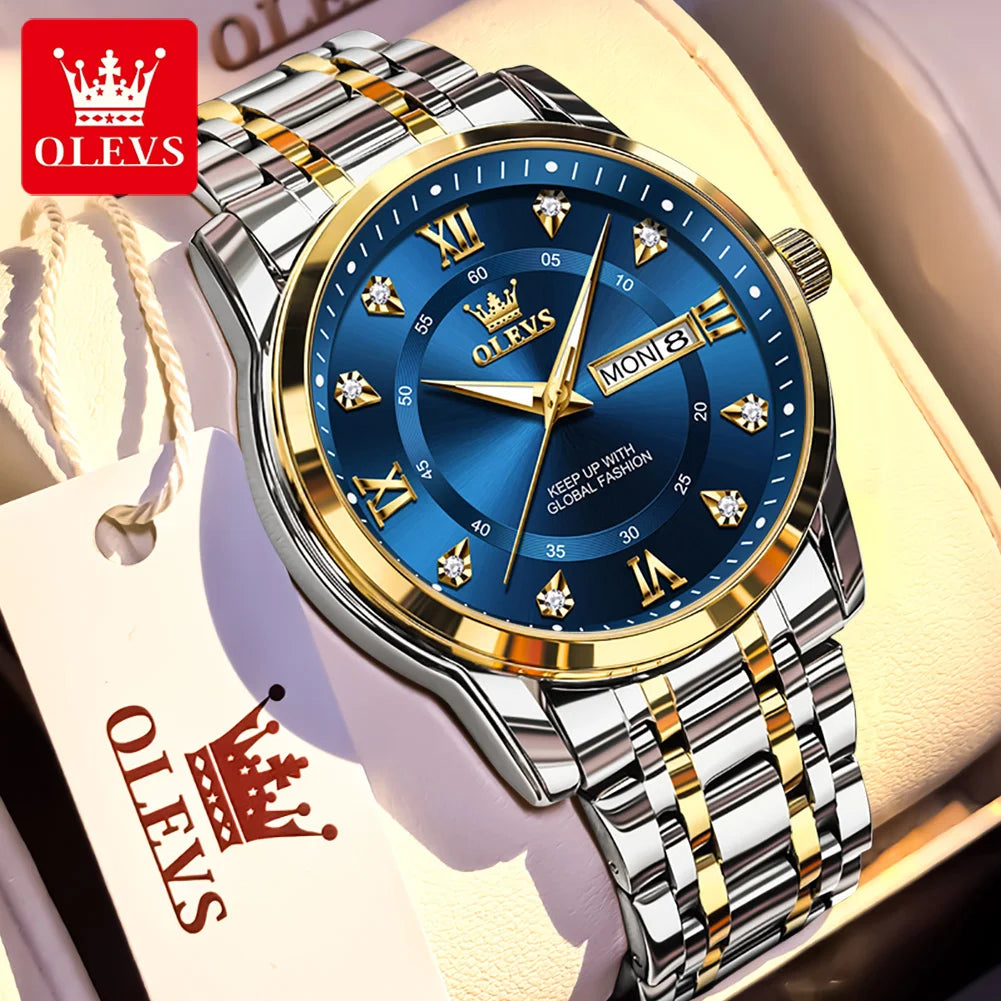 OLEVS Brand Fashion men's watches stainless steel waterproof Quartz wristwatch luminous Original watch for man Dual Calendar