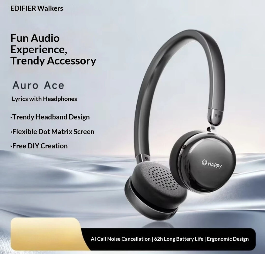 New Edifier AURO ACE Over-Ear Headphones with Trendy Toy Screen DIY Lyrics Display, 32mm Drivers, Bluetooth 6.0 Earphones Gifts